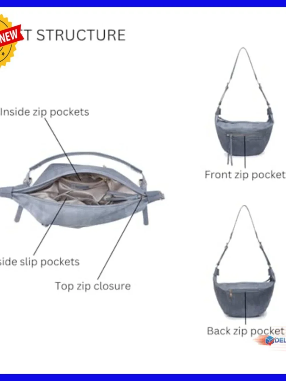 Large Vegan Leather Hobo Crossbody Bag with Stud Details Adjustable Strap